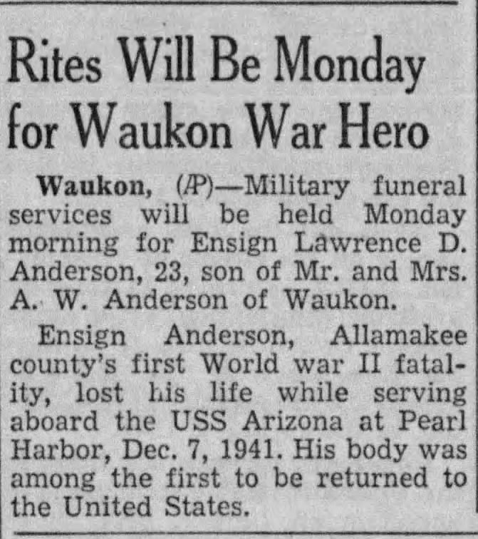 Lawrence D Andersen USS Arizona Newspaper clipping