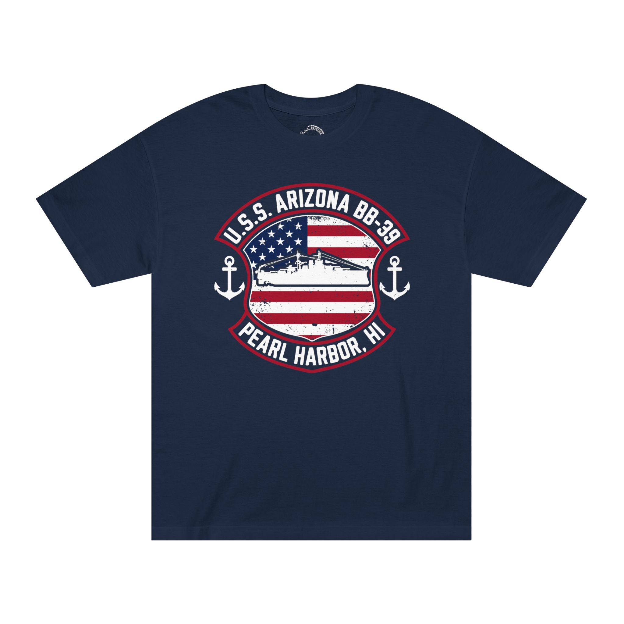 U.S.S. Arizona BB-39 American Shield w/Double Anchor Front Design unisex tee