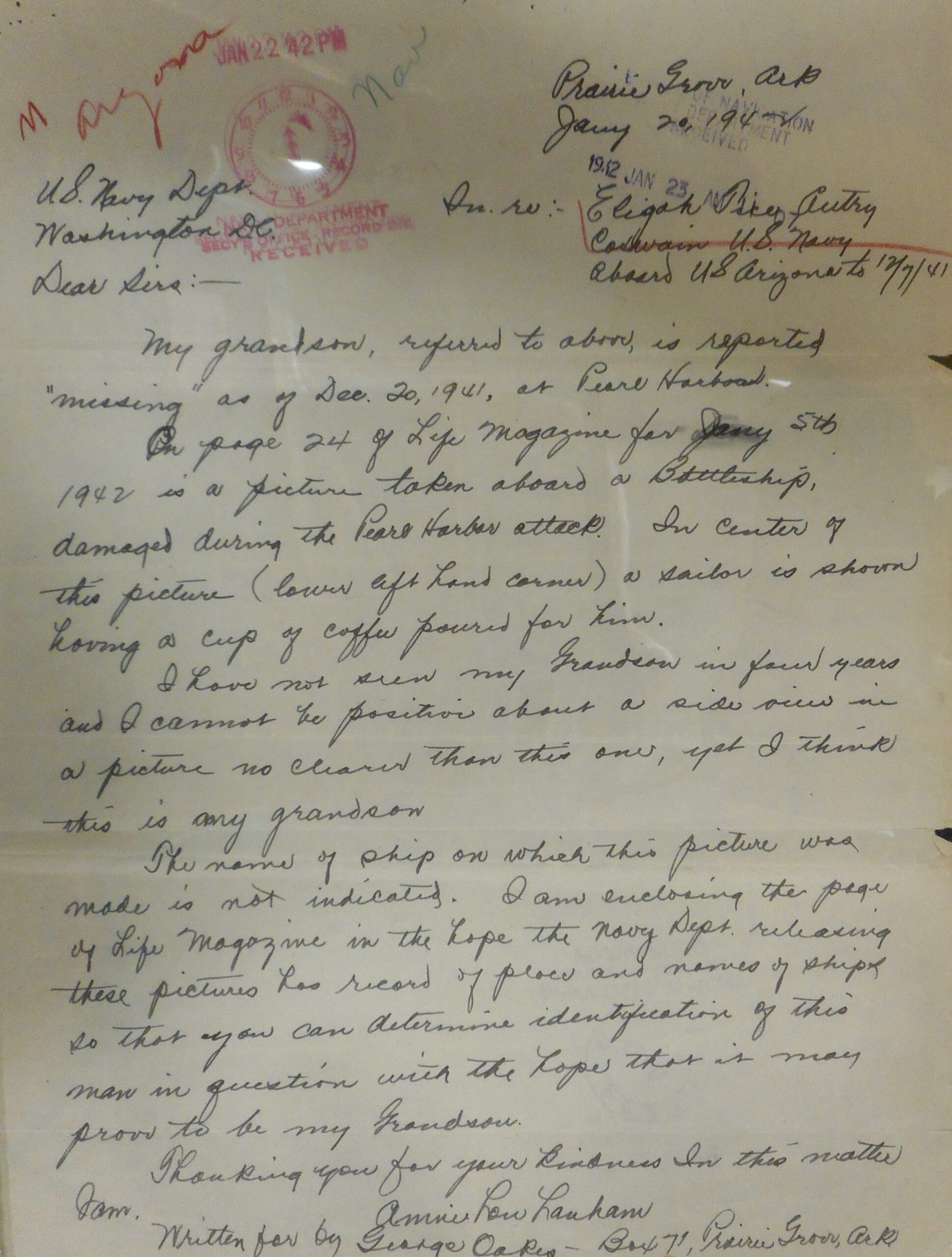 Eligah Autry USS Arizona letter from grandfather